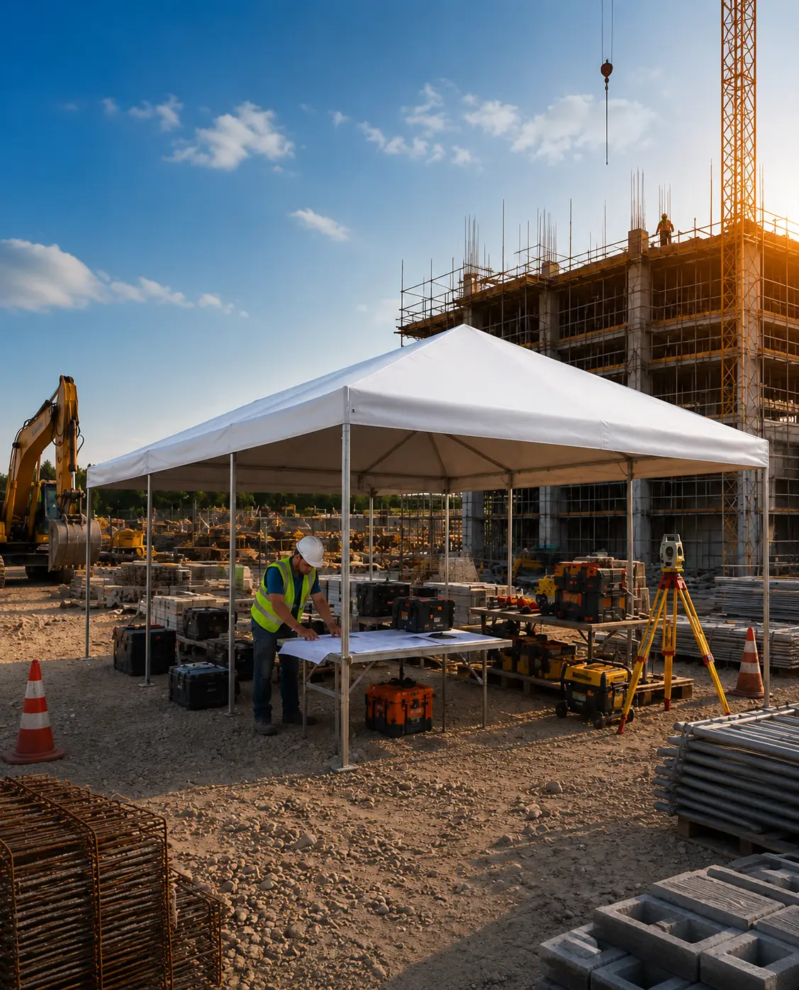 Tenda GS3 montada em canteiro de construção civil, com guindaste e prédio em obra ao fundo
