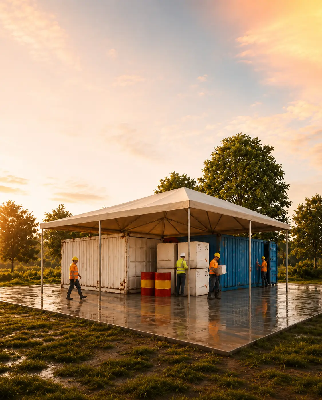 Tenda GS3 montada em pátio de obra para abrigo de containers e material